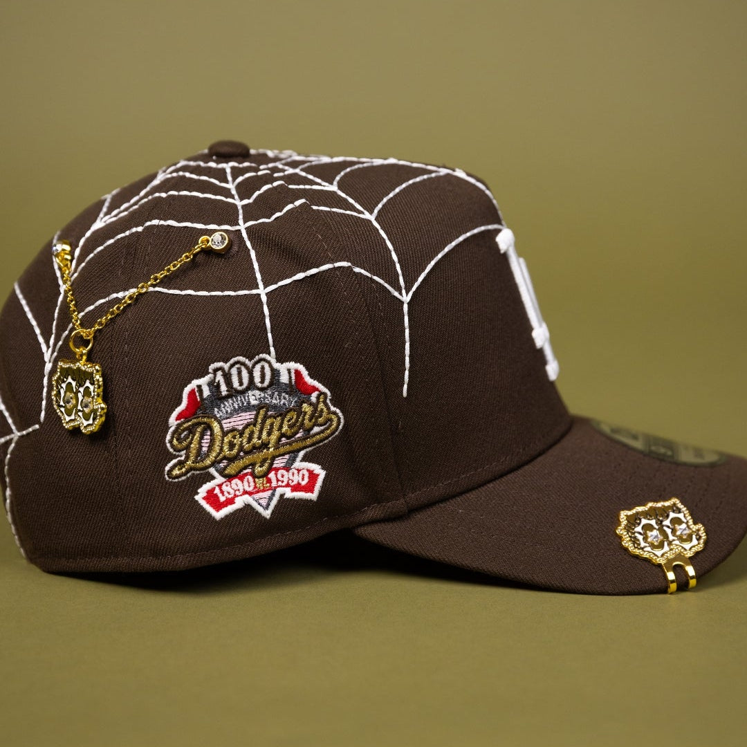NEW ERA EXCLUSIVE 9FIFTY A-FRAME BROWN LOS ANGELES DODGERS SNAPBACK W/ SPIDER WEB + 100TH ANNIVERSARY SIDE PATCH