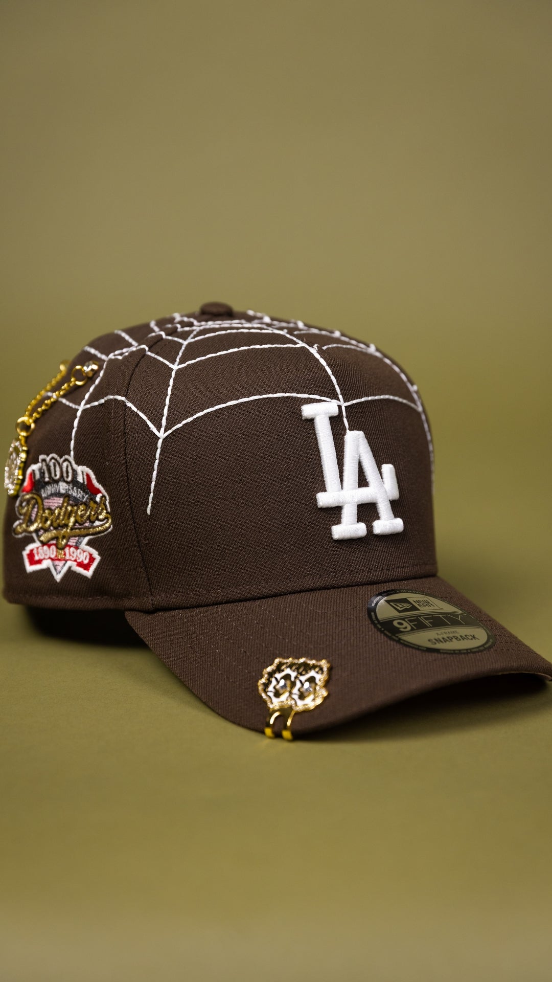 NEW ERA EXCLUSIVE 9FIFTY A-FRAME BROWN LOS ANGELES DODGERS SNAPBACK W/ SPIDER WEB + 100TH ANNIVERSARY SIDE PATCH