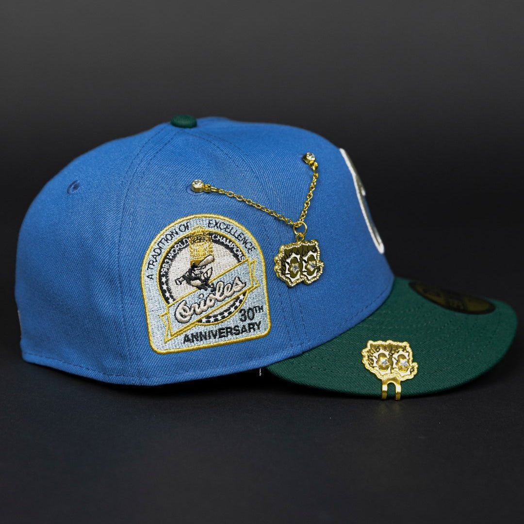 NEW ERA EXCLUSIVE 59FIFTY SKY BLUE/ PINE GREEN BALTIMORE ORIOLES W/ 30TH ANNIVERSARY SIDE PATCH