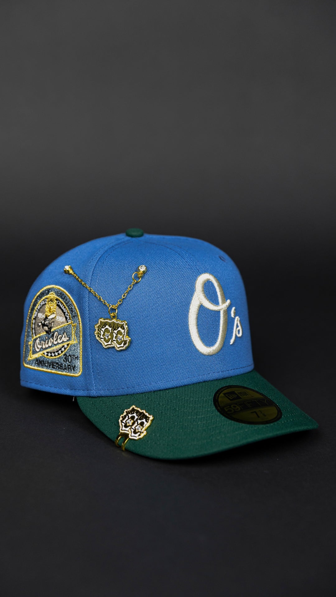 NEW ERA EXCLUSIVE 59FIFTY SKY BLUE/ PINE GREEN BALTIMORE ORIOLES W/ 30TH ANNIVERSARY SIDE PATCH