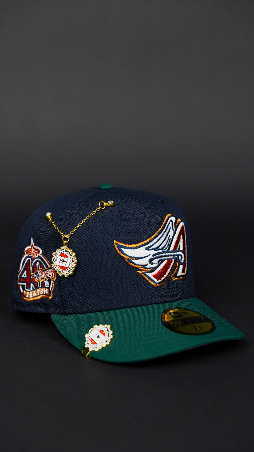 NEW ERA EXCLUSIVE 59FIFTY NAVY/ FOREST GREEN ANAHEIM ANGELS W/ 40TH ANNIVERSARY SIDE PATCH