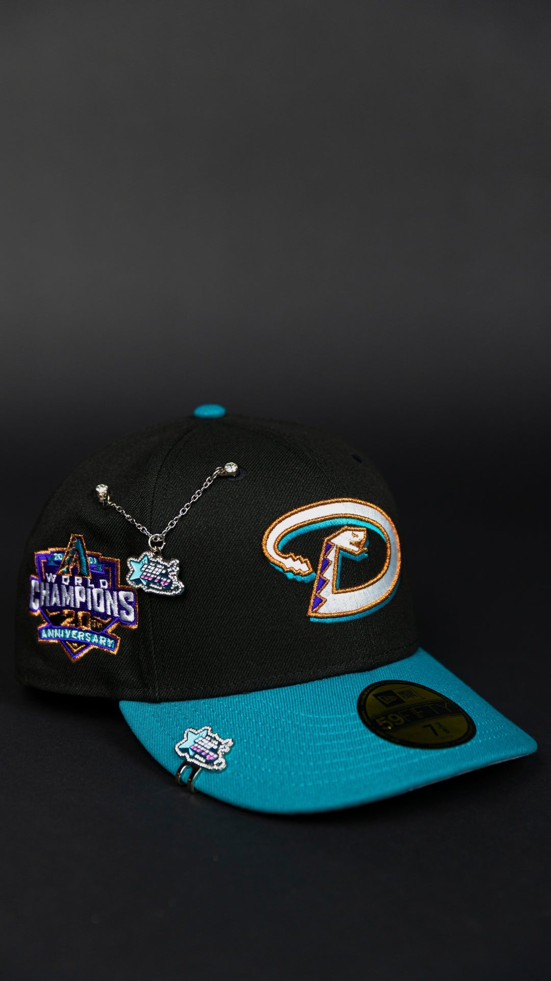 NEW ERA EXCLUSIVE 59FIFTY BLACK/ AQUA BLUE ARIZONA DIAMONDBACKS W/ WORLD CHAMPIONS SIDE PATCH