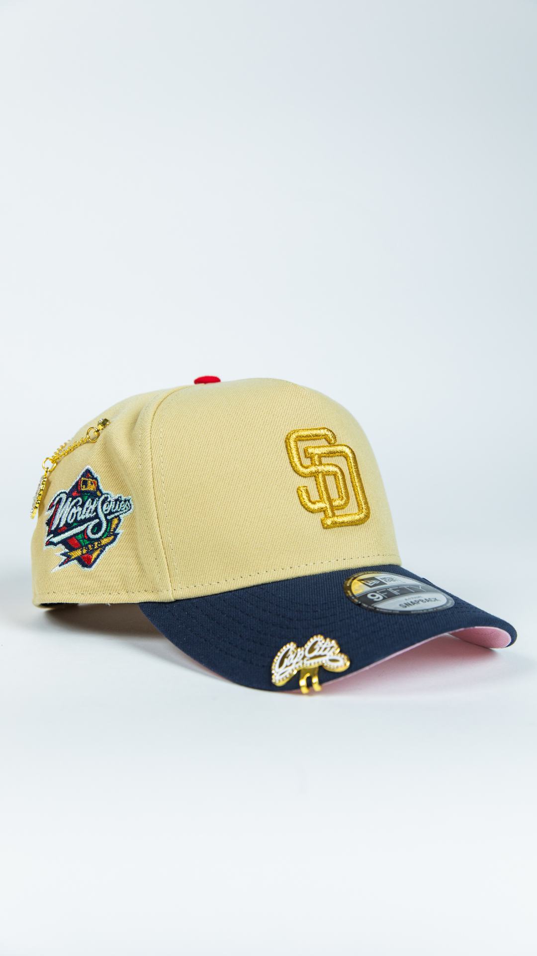 NEW ERA 9FIFTY A-FRAME VEGAS GOLD/ NAVY SAN DIEGO PADRES SNAPBACK W/ WORLD SERIES SIDE PATCH