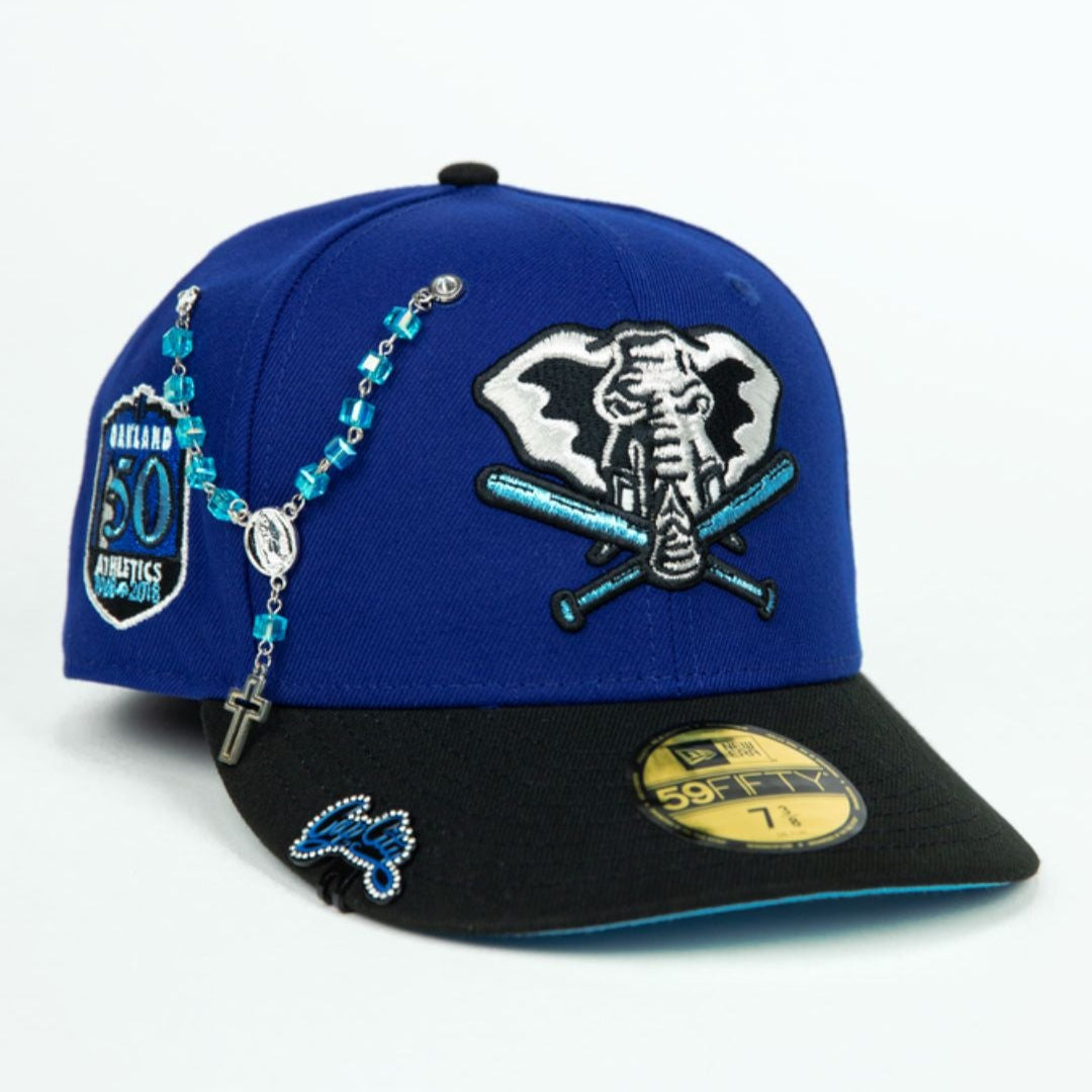 NEW ERA EXCLUSIVE 59FIFTY DARK BLUE/ BLACK OAKLAND ATHLETICS W/ 50TH ANNIVERSARY SIDE PATCH