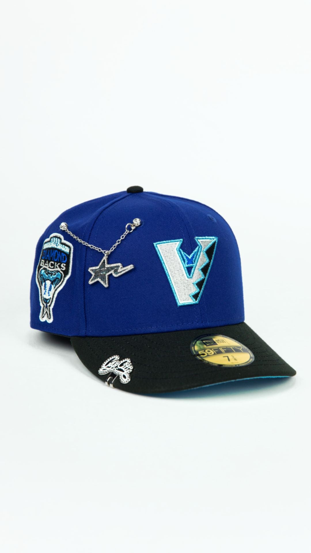 NEW ERA EXCLUSIVE 59FIFTY DARK BLUE/ BLACK UPSIDE DOWN ARIZONA DIAMONDBACKS W/ 1998 INAUGURAL SEASON SIDE PATCH