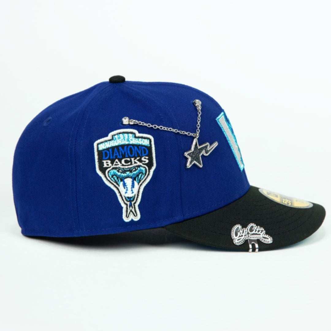 NEW ERA EXCLUSIVE 59FIFTY DARK BLUE/ BLACK UPSIDE DOWN ARIZONA DIAMONDBACKS W/ 1998 INAUGURAL SEASON SIDE PATCH