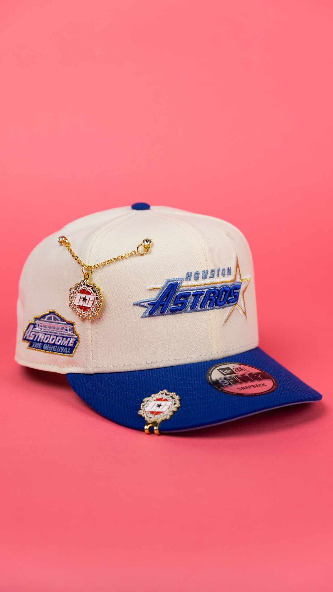 NEW ERA EXCLUSIVE 9FIFTY CHROME/ BLUE HOUSTON ASTROS SCRIPT SNAPBACK W/ ASTRODOME SIDE PATCH