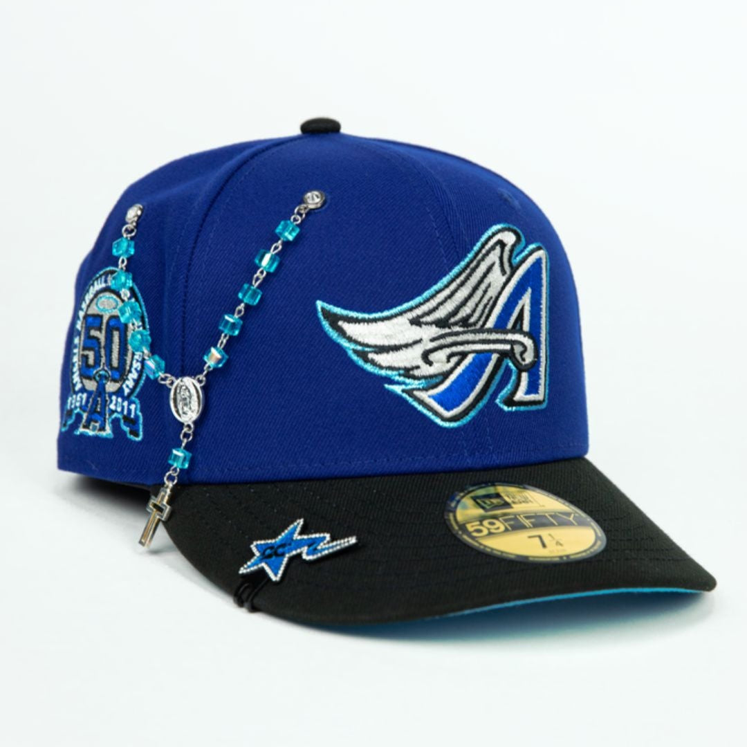 NEW ERA EXCLUSIVE 59FIFTY DARK BLUE/ BLACK ANAHEIM ANGELS W/ 50TH ANNIVERSARY SIDE PATCH
