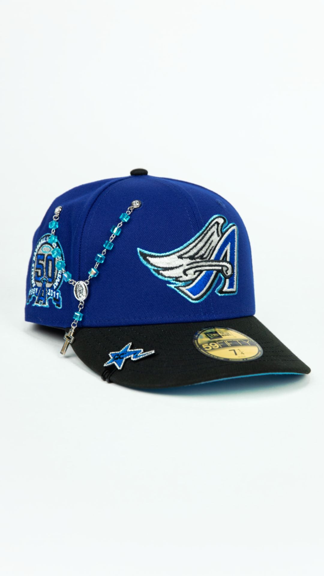 NEW ERA EXCLUSIVE 59FIFTY DARK BLUE/ BLACK ANAHEIM ANGELS W/ 50TH ANNIVERSARY SIDE PATCH
