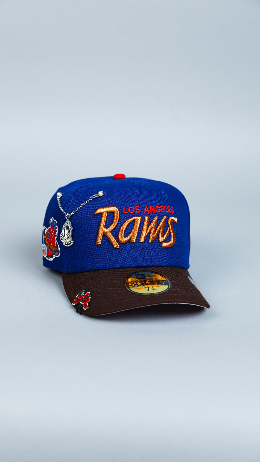 NEW ERA EXCLUSIVE 59FIFTY DARK BLUE/ BROWN LOS ANGELES RAMS SCRIPT W/ SIDE PATCH