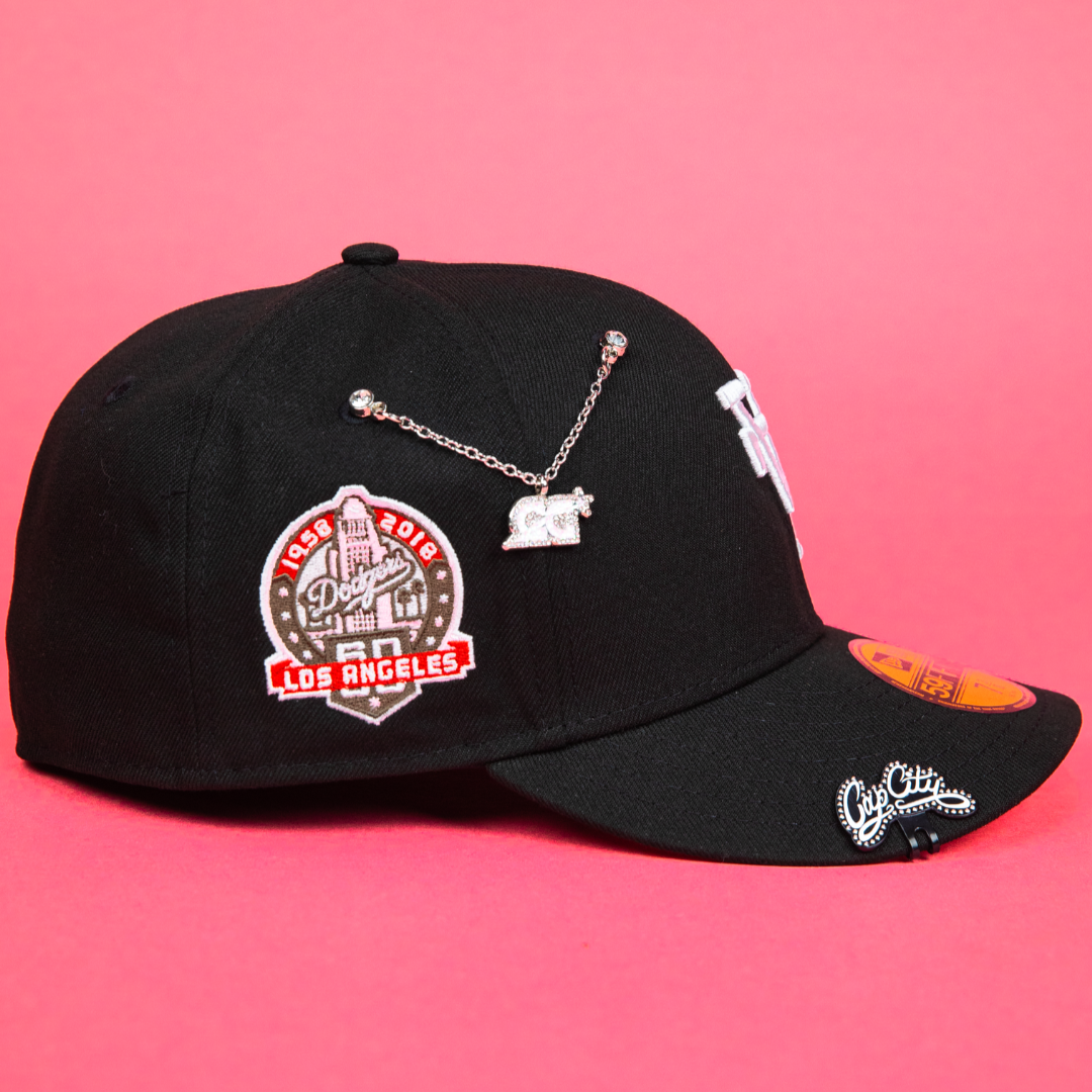 NEW ERA EXCLUSIVE 59FIFTY BLACK UPSIDE DOWN LOS ANGELES DODGERS W/ 60TH ANNIVERSARY SIDE PATCH