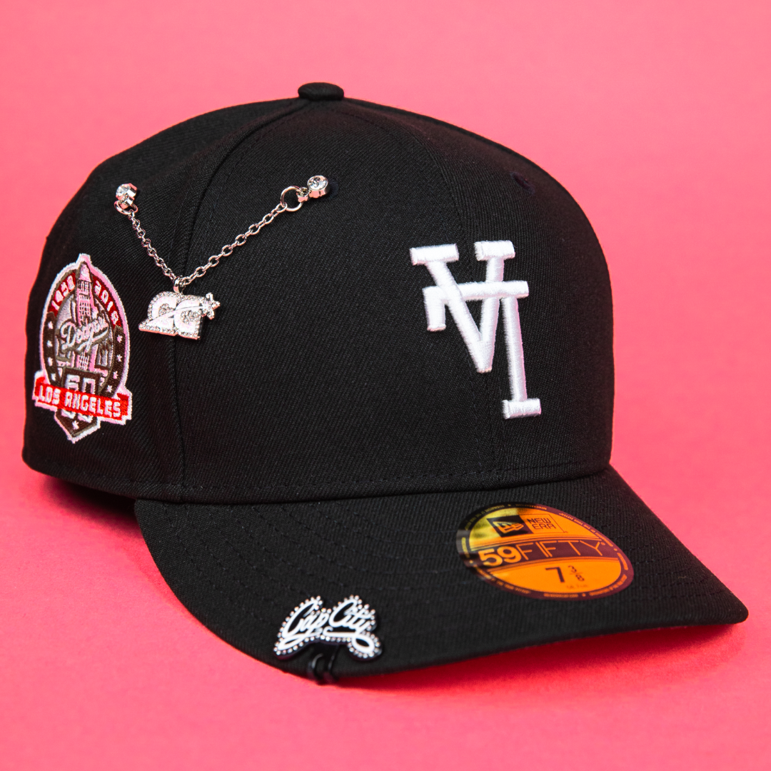 NEW ERA EXCLUSIVE 59FIFTY BLACK UPSIDE DOWN LOS ANGELES DODGERS W/ 60TH ANNIVERSARY SIDE PATCH