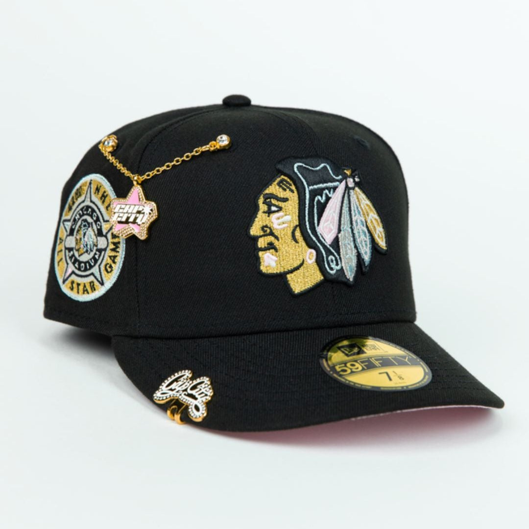 NEW ERA EXCLUSIVE 59FIFTY BLACK CHICAGO BLACKHAWKS W/ ALL STAR GAME SIDE PATCH