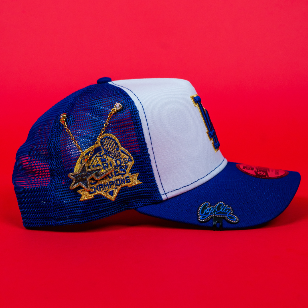 NEW ERA 9FIFTY A-FRAME WHITE/ BLUE LOS ANGELES DODGERS MESHBACK W/ 2024 WORLD SERIES CHAMPIONS SIDE PATCH