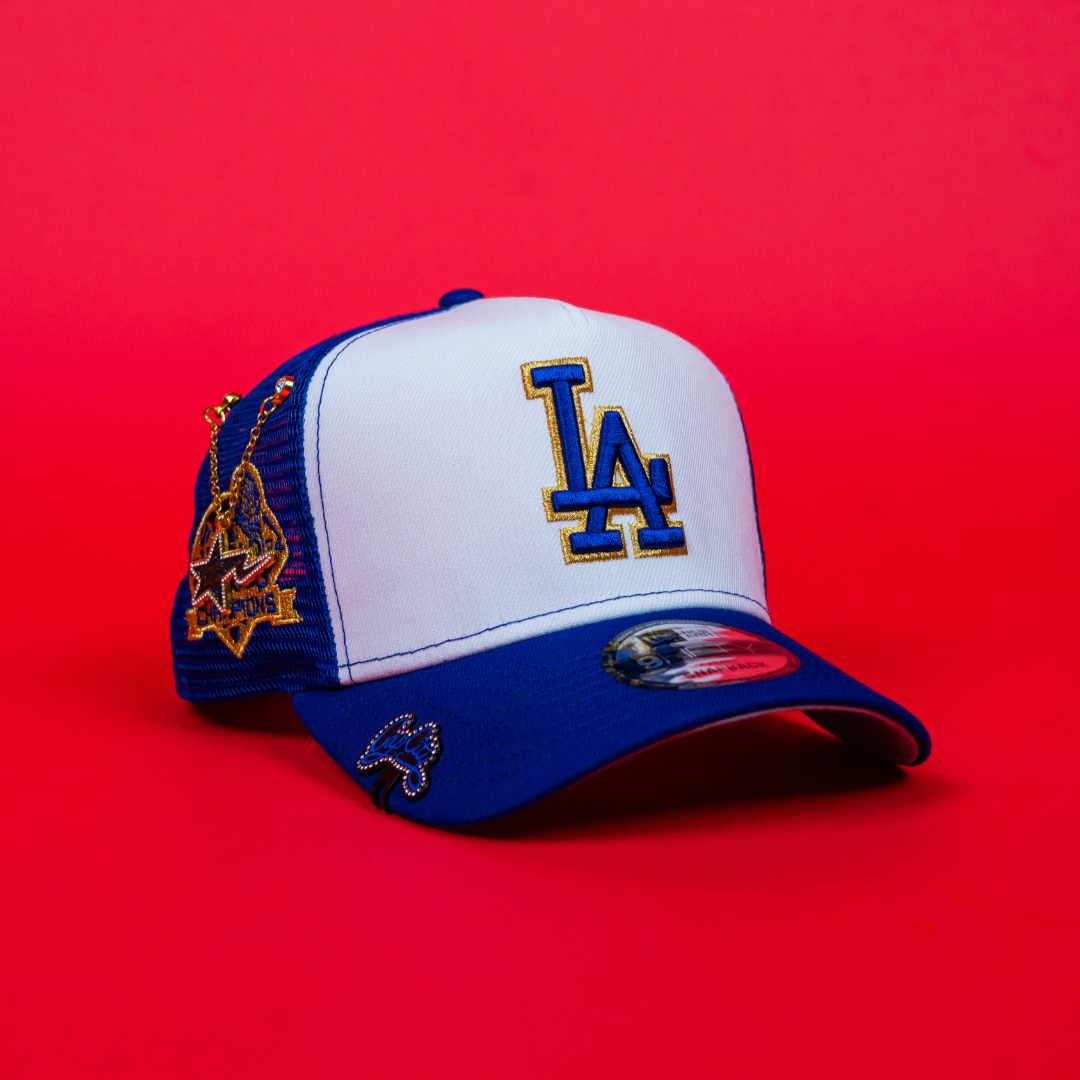 NEW ERA 9FIFTY A-FRAME WHITE/ BLUE LOS ANGELES DODGERS MESHBACK W/ 2024 WORLD SERIES CHAMPIONS SIDE PATCH