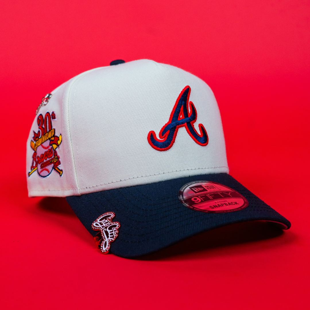 NEW ERA 9FIFTY A-FRAME CHROME/ NAVY ATLANTA BRAVES SNAPBACK W/ 30TH ANNIVERSARY SIDE PATCH