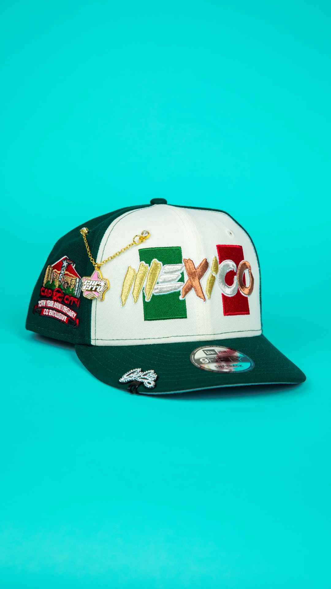 NEW ERA 9FIFTY CHROME/ FOREST GREEN MEXICO WBC SCRIPT SNAPBACK W/ 15TH ANNIVERSARY SIDE PATCH