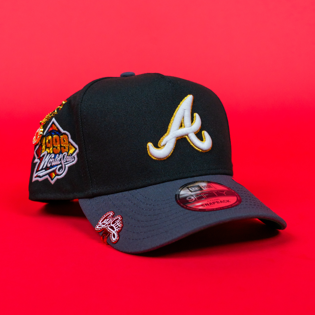 NEW ERA 9FIFTY A-FRAME BLACK/ GREY ATLANTA BRAVES SNAPBACK W/ 1999 WORLD SERIES SIDE PATCH
