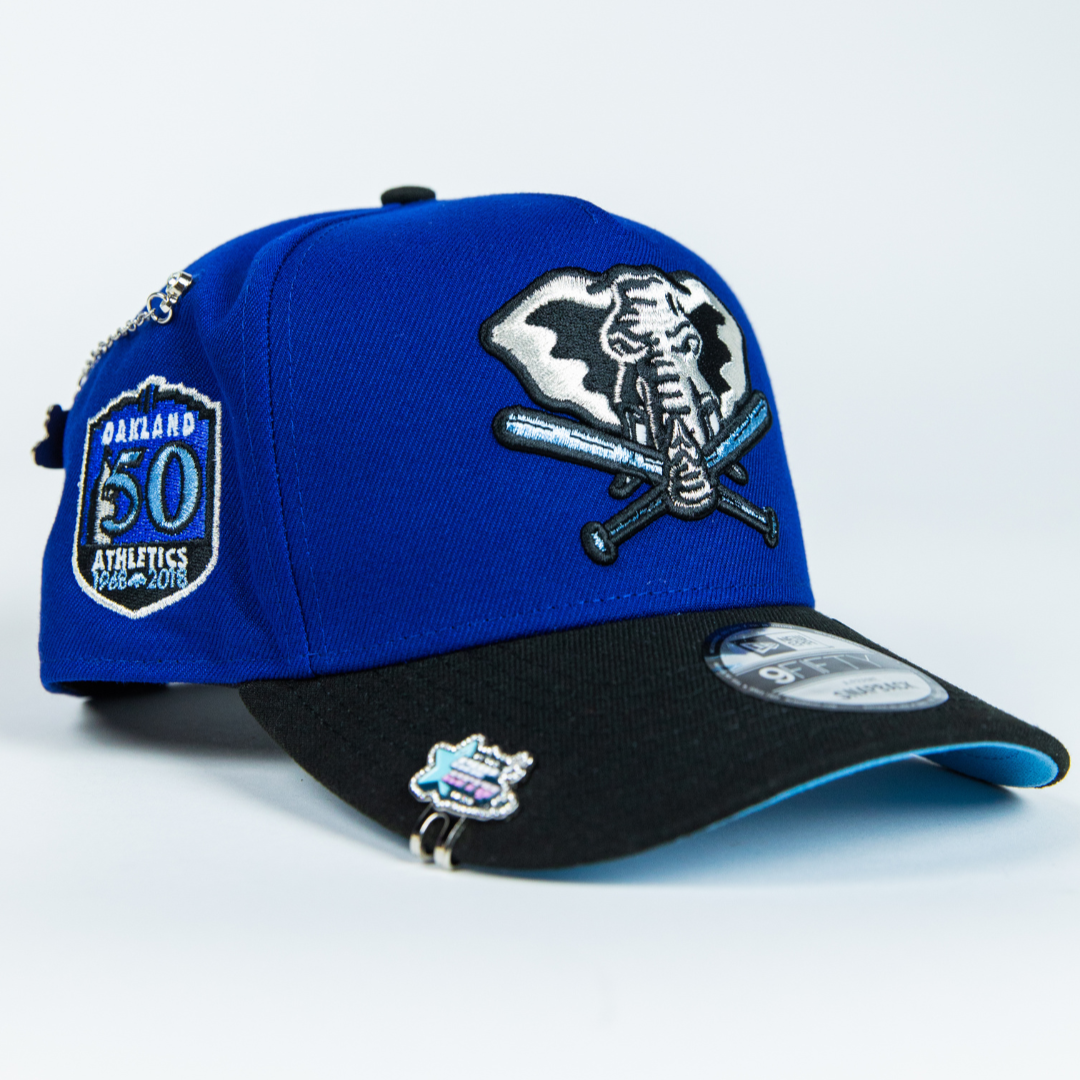 NEW ERA 9FIFTY A-FRAME DARK BLUE/ BLACK OAKLAND A'S W/ 50TH ANNIVERSARY SIDE PATCH
