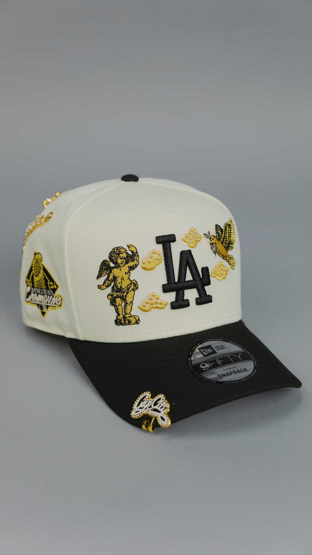 NEW ERA EXCLUSIVE 9FIFTY A-FRAME CHROME/ BLACK LOS ANGELES DODGERS "HEAVENLY CITY" W/ WORLD SERIES CHAMPIONS SIDE PATCH *FREE BLIP INCLUDED