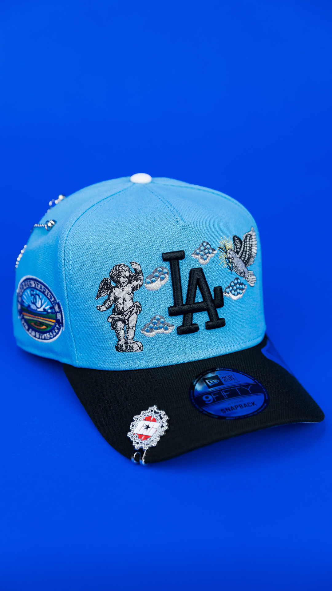 NEW ERA EXCLUSIVE 9FIFTY A-FRAME SKY BLUE/ BLACK LOS ANGELES DODGERS "HEAVENLY CITY" W/ 50TH ANNIVERSARY SIDE PATCH *FREE BLIP INCLUDED