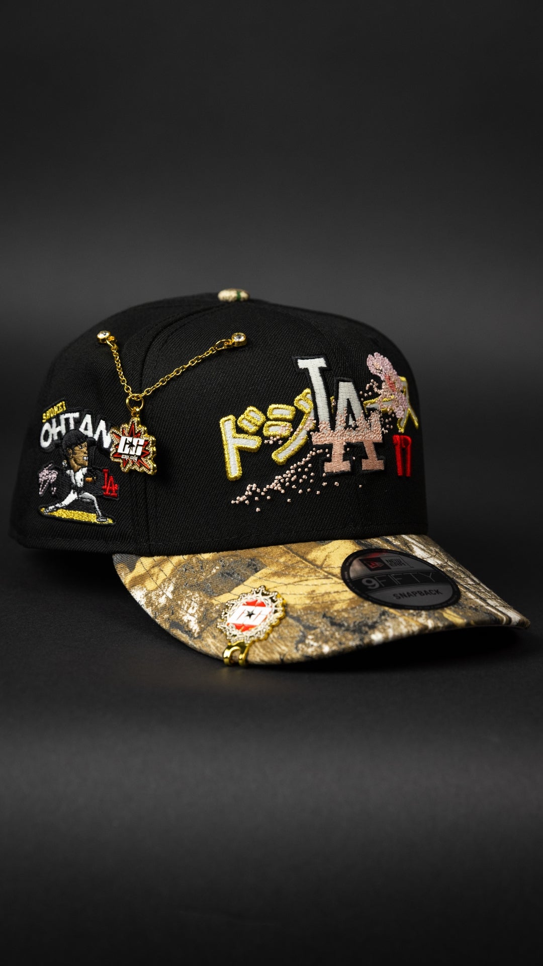 NEW ERA EXCLUSIVE 9FIFTY BLACK LOS ANGELES DODGERS SNAPBACK W/ JAPANESE PINK BLOSSOM + 'SHOHEI OHTANI" SIDE PATCH