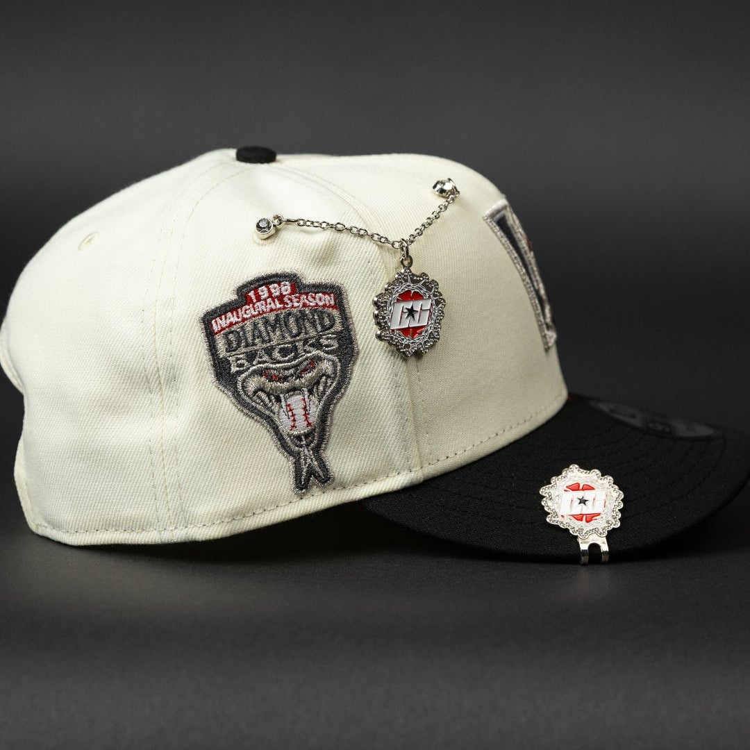 NEW ERA EXCLUSIVE 9FIFTY CHROME/ BLACK UPSIDE DOWN ARIZONA DIAMONDBACKS SNAPBACK W/ 1998 INAUGURAL SEASON PATCH