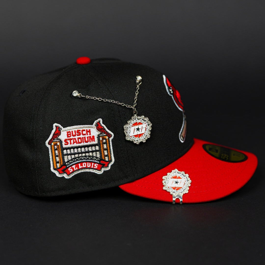 NEW ERA EXCLUSIVE 59FIFTY BLACK/ RED ST LOUIS CARDINALS W/ BUSCH STADIUM SIDE PATCH