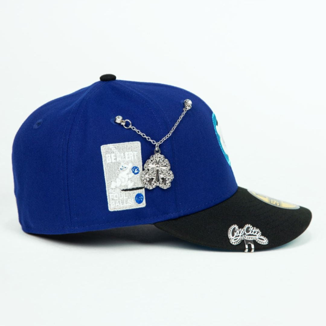 NEW ERA EXCLUSIVE 59FIFTY DARK BLUE/ BLACK CHICAGO CUBS W/ "BE ALERT FOR FOUL BALLS" SIDE PATCH