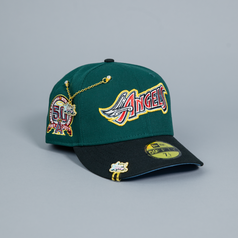 NEW ERA 59FIFTY EMERALD GREEN/ BLACK ANAHEIM ANGELS SCRIPT W/ 50TH ANNIVERSARY SIDE PATCH