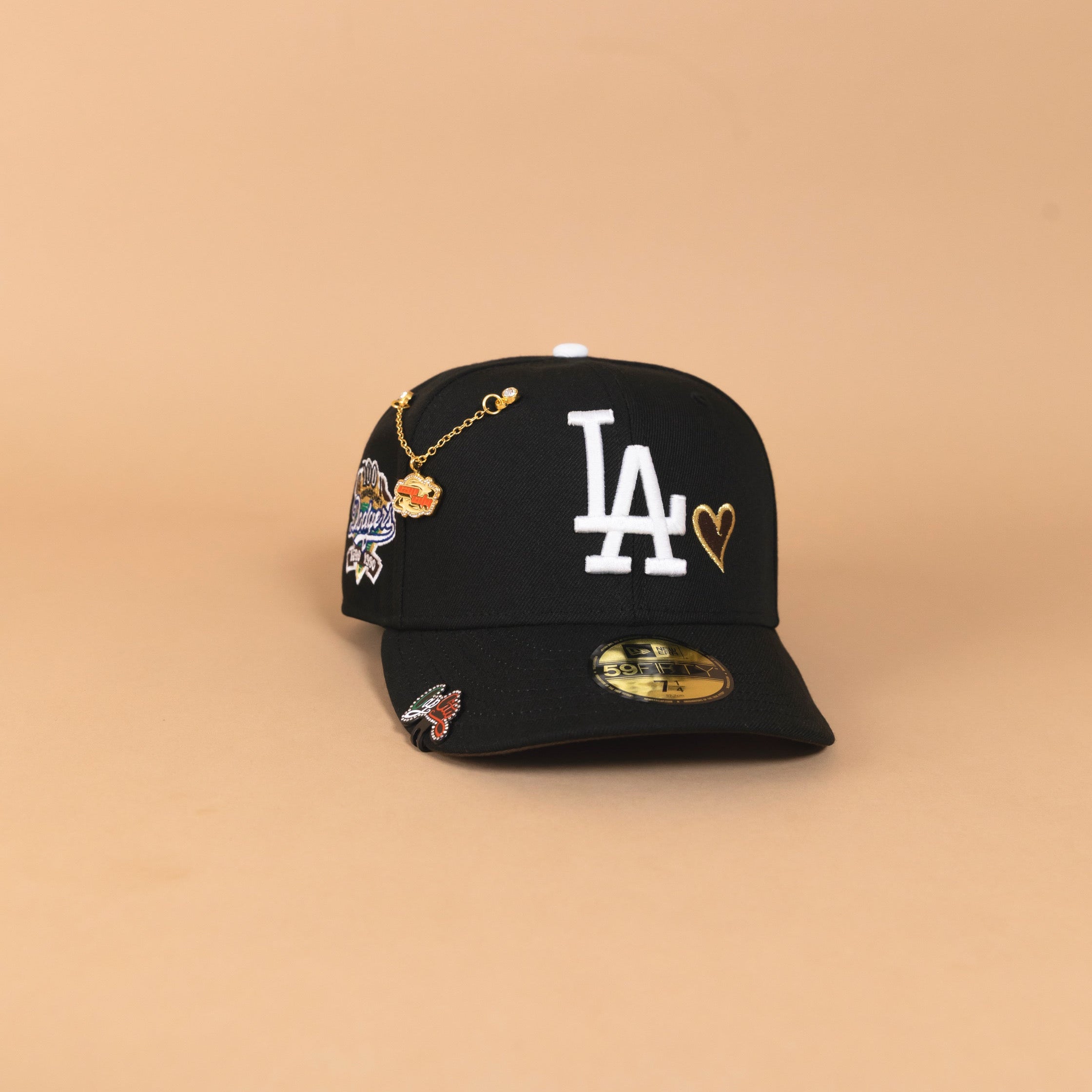 NEW ERA EXCLUSIVE 59FIFTY BLACK LOS ANGELES DODGERS W/ MOCHA HEART + 100TH ANNIVERSARY SIDE PATCH