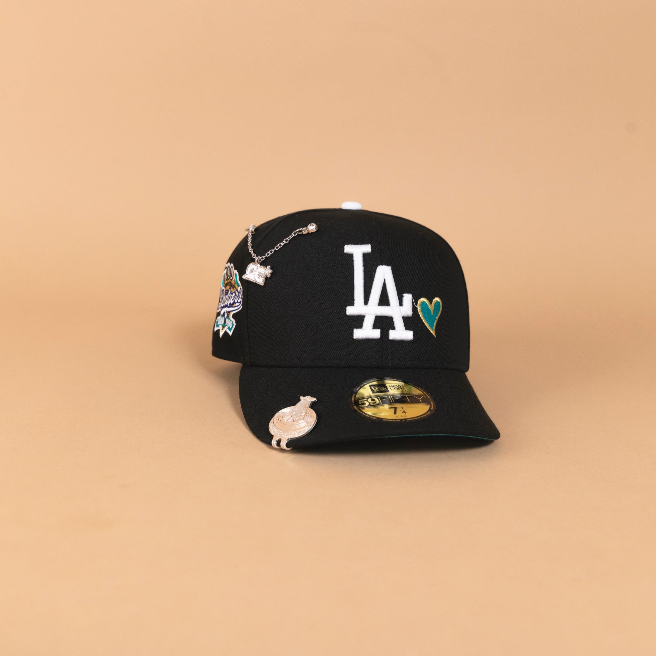 NEW ERA EXCLUSIVE 59FIFTY BLACK LOS ANGELES DODGERS W/ TURQUOISE HEART + 100TH ANNIVERSARY SIDE PATCH