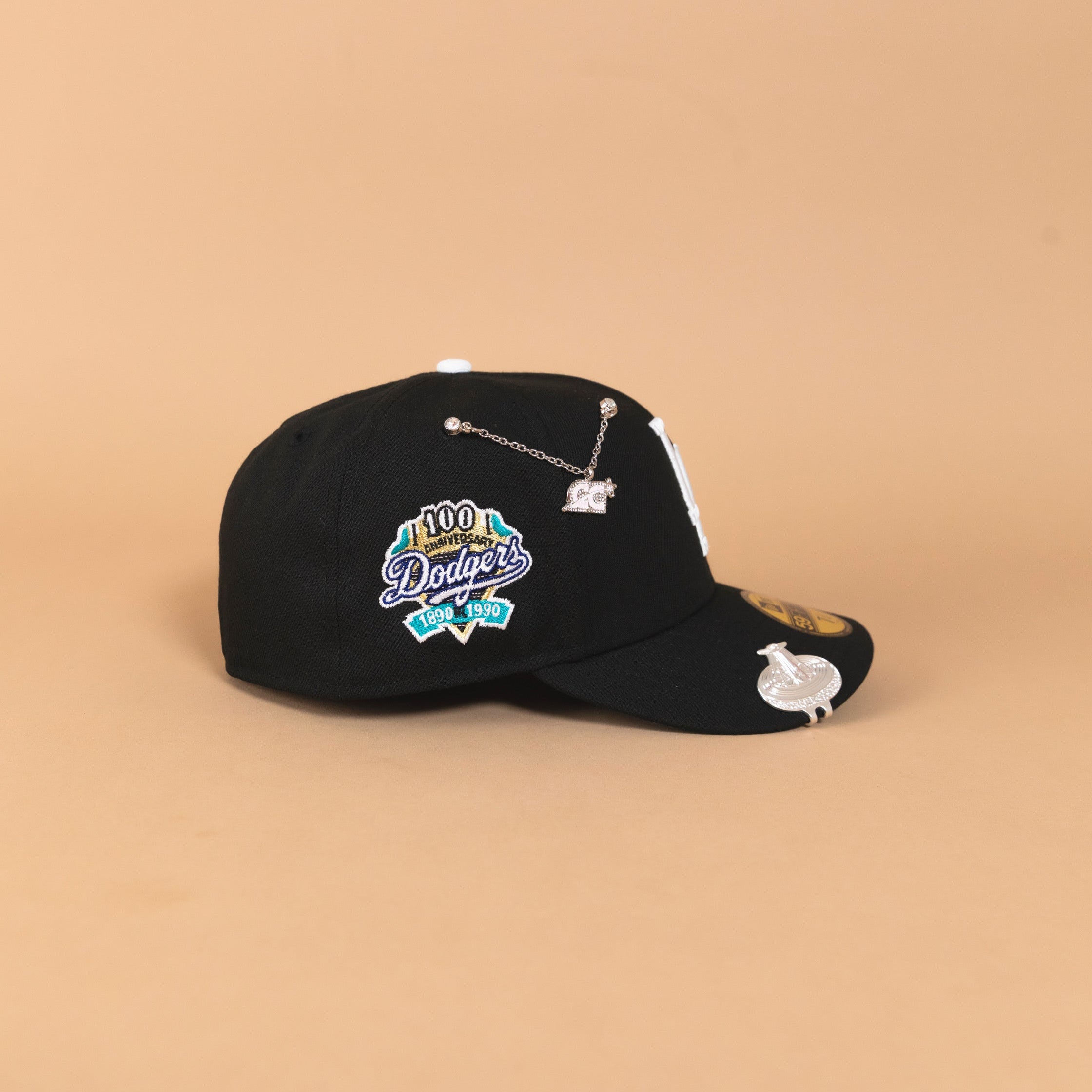 NEW ERA EXCLUSIVE 59FIFTY BLACK LOS ANGELES DODGERS W/ TURQUOISE HEART + 100TH ANNIVERSARY SIDE PATCH