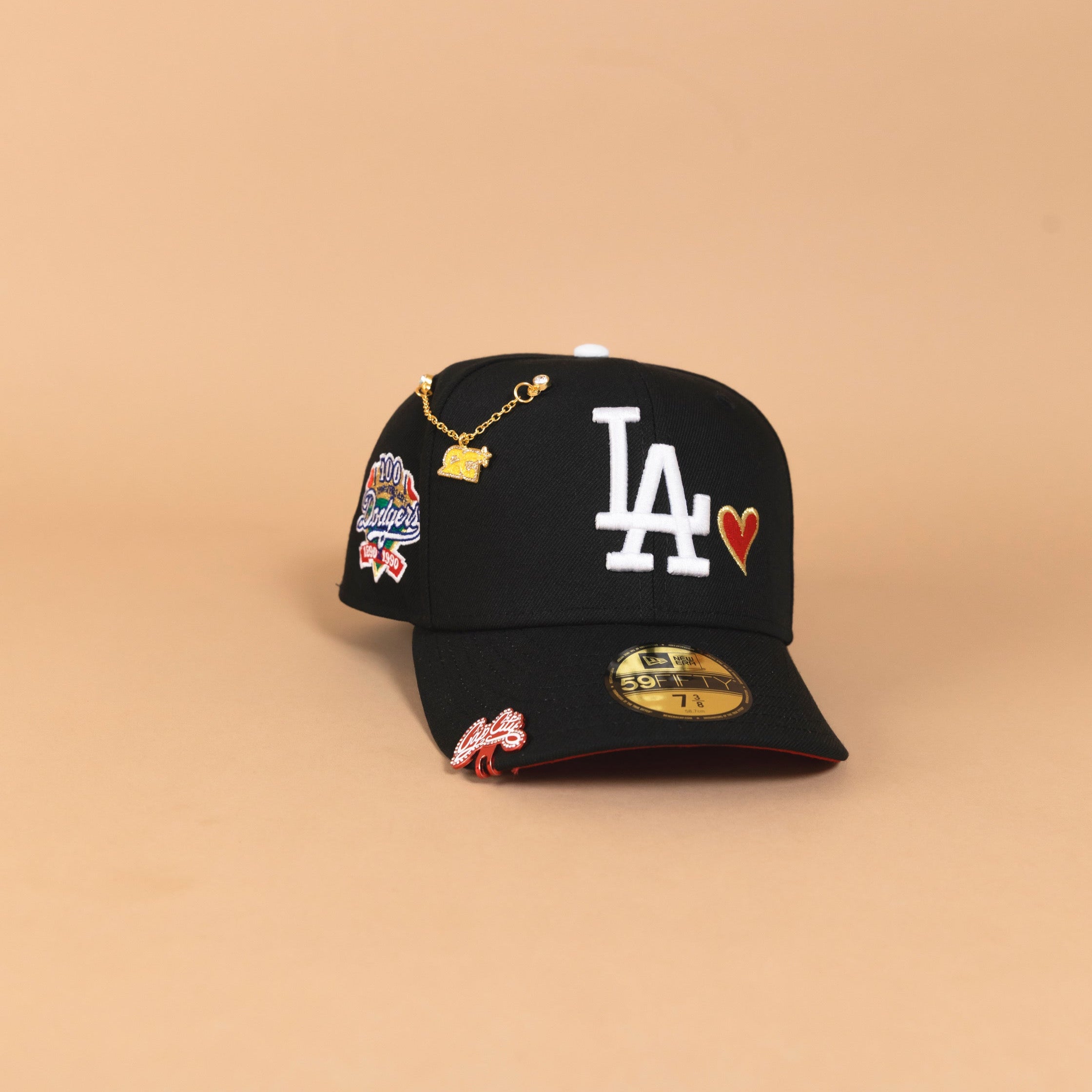 NEW ERA EXCLUSIVE 59FIFTY BLACK LOS ANGELES DODGERS W/ RED HEART + 100TH ANNIVERSARY SIDE PATCH