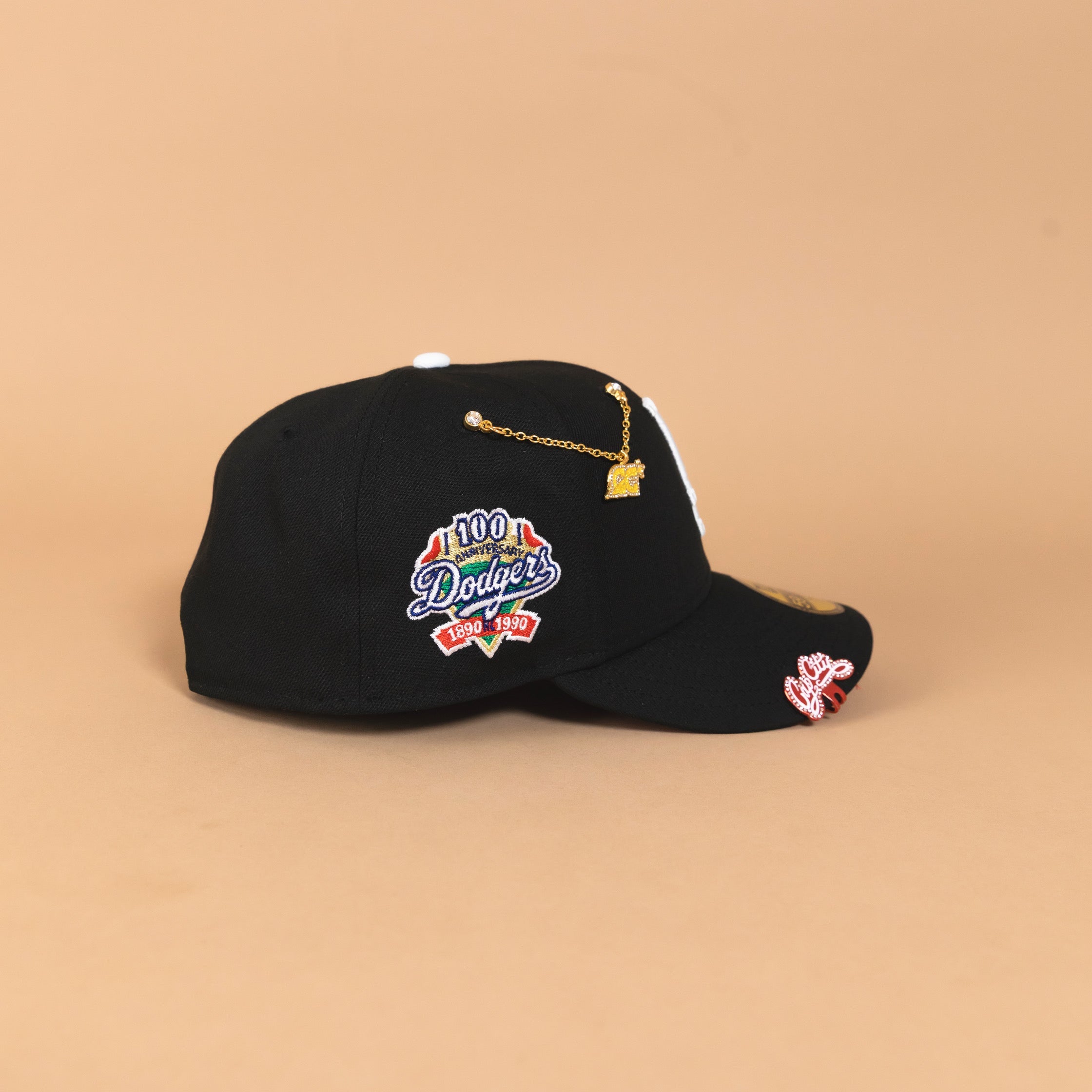 NEW ERA EXCLUSIVE 59FIFTY BLACK LOS ANGELES DODGERS W/ RED HEART + 100TH ANNIVERSARY SIDE PATCH