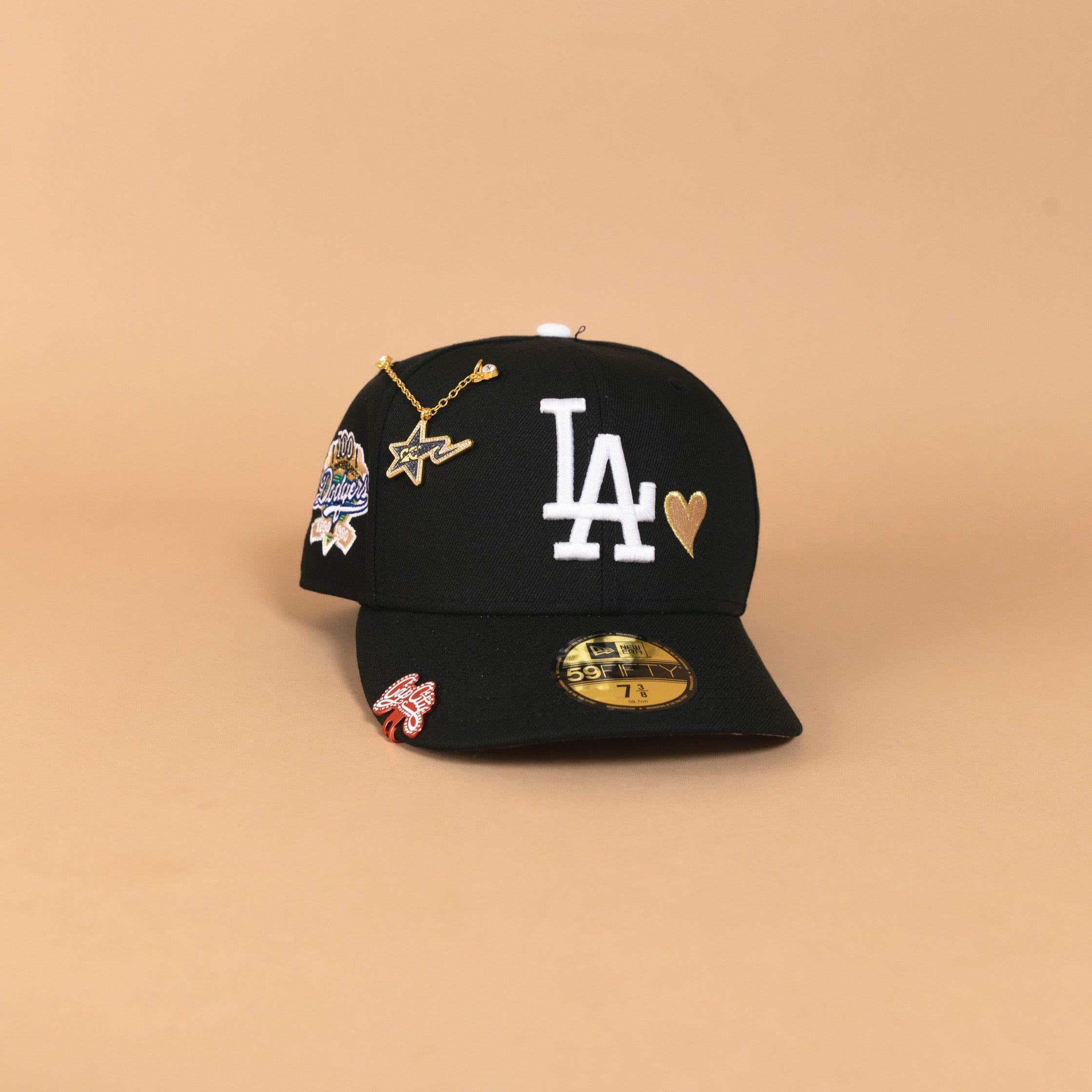 NEW ERA EXCLUSIVE 59FIFTY BLACK LOS ANGELES DODGERS W/ BROWN HEART + 100TH ANNIVERSARY SIDE PATCH