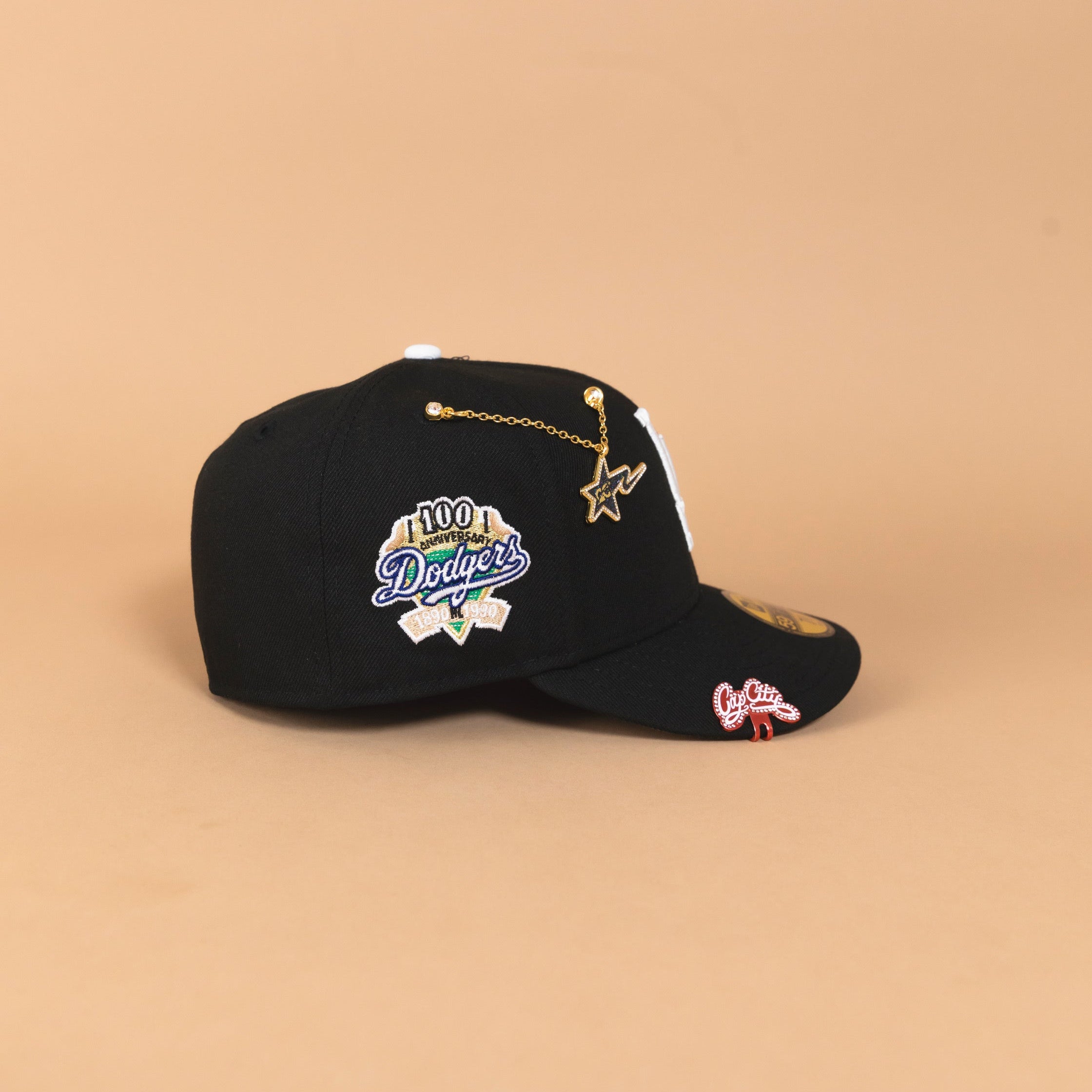 NEW ERA EXCLUSIVE 59FIFTY BLACK LOS ANGELES DODGERS W/ BROWN HEART + 100TH ANNIVERSARY SIDE PATCH