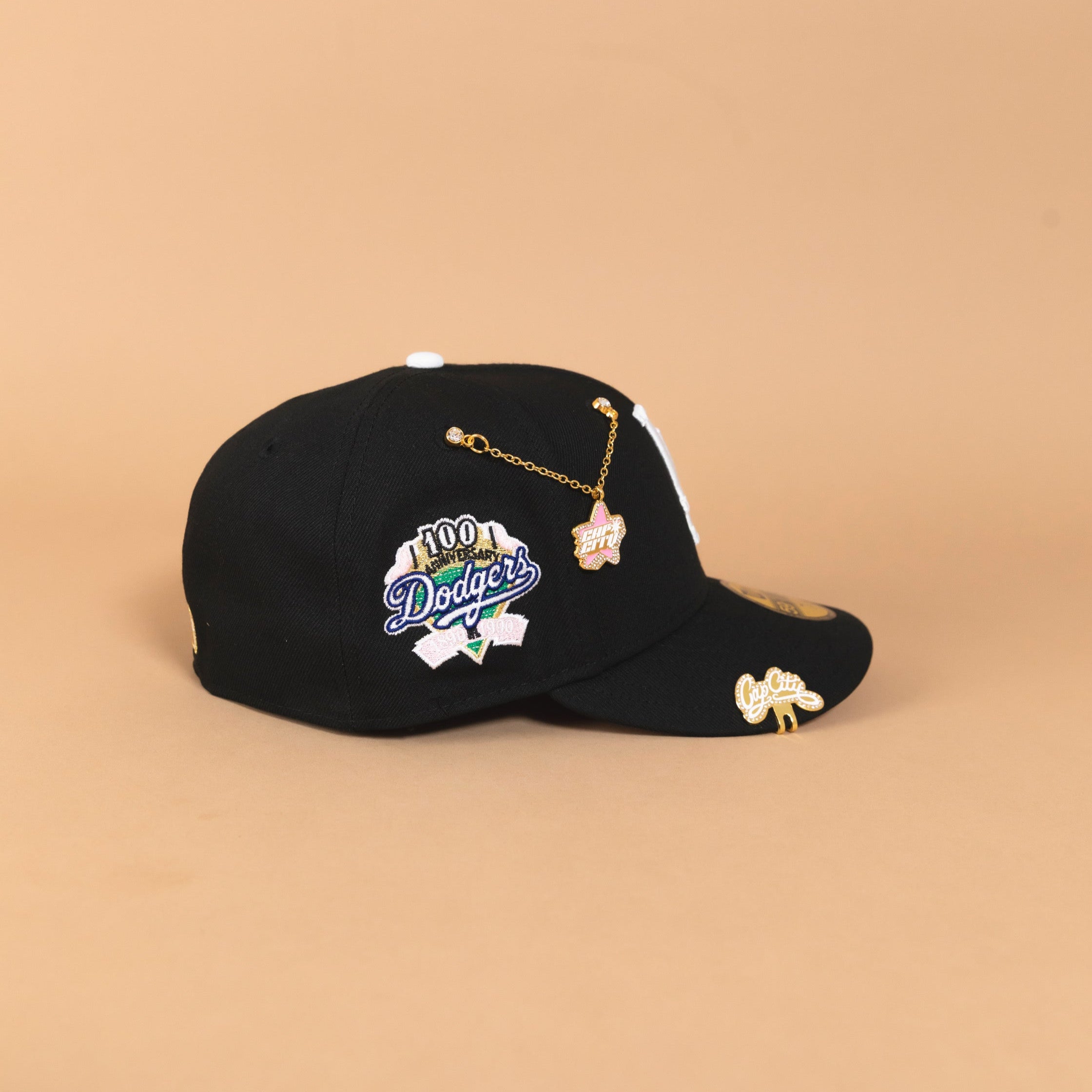 NEW ERA EXCLUSIVE 59FIFTY BLACK LOS ANGELES DODGERS W/ PINK HEART + 100TH ANNIVERSARY SIDE PATCH
