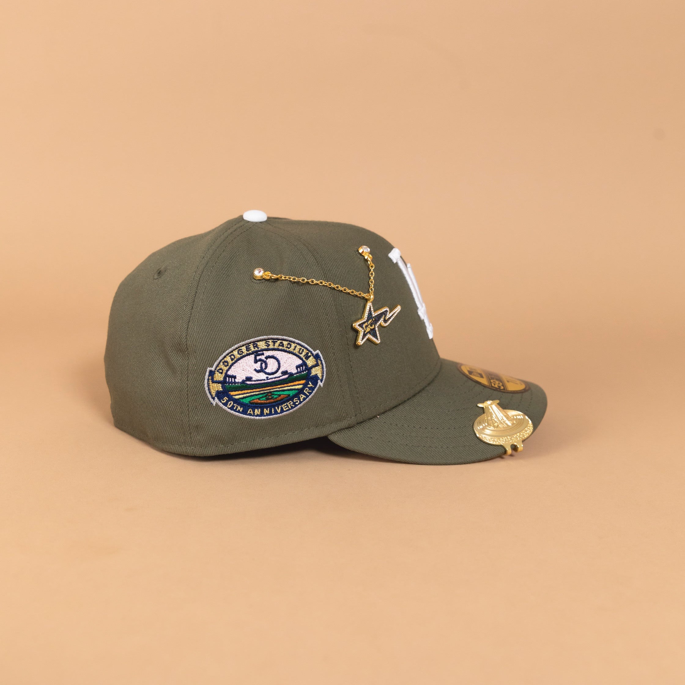 NEW ERA EXCLUSIVE 59FIFTY OLIVE GREEN LOS ANGELES DODGERS W/ PINK HEART + 50TH ANNIVERSARY SIDE PATCH