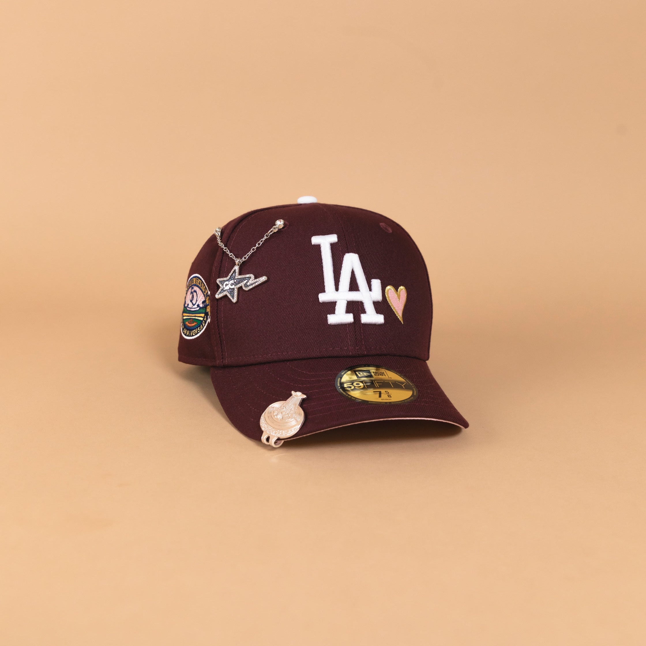 NEW ERA EXCLUSIVE 59FIFTY MAROON LOS ANGELES DODGERS W/ PINK HEART + 50TH ANNIVERSARY SIDE PATCH