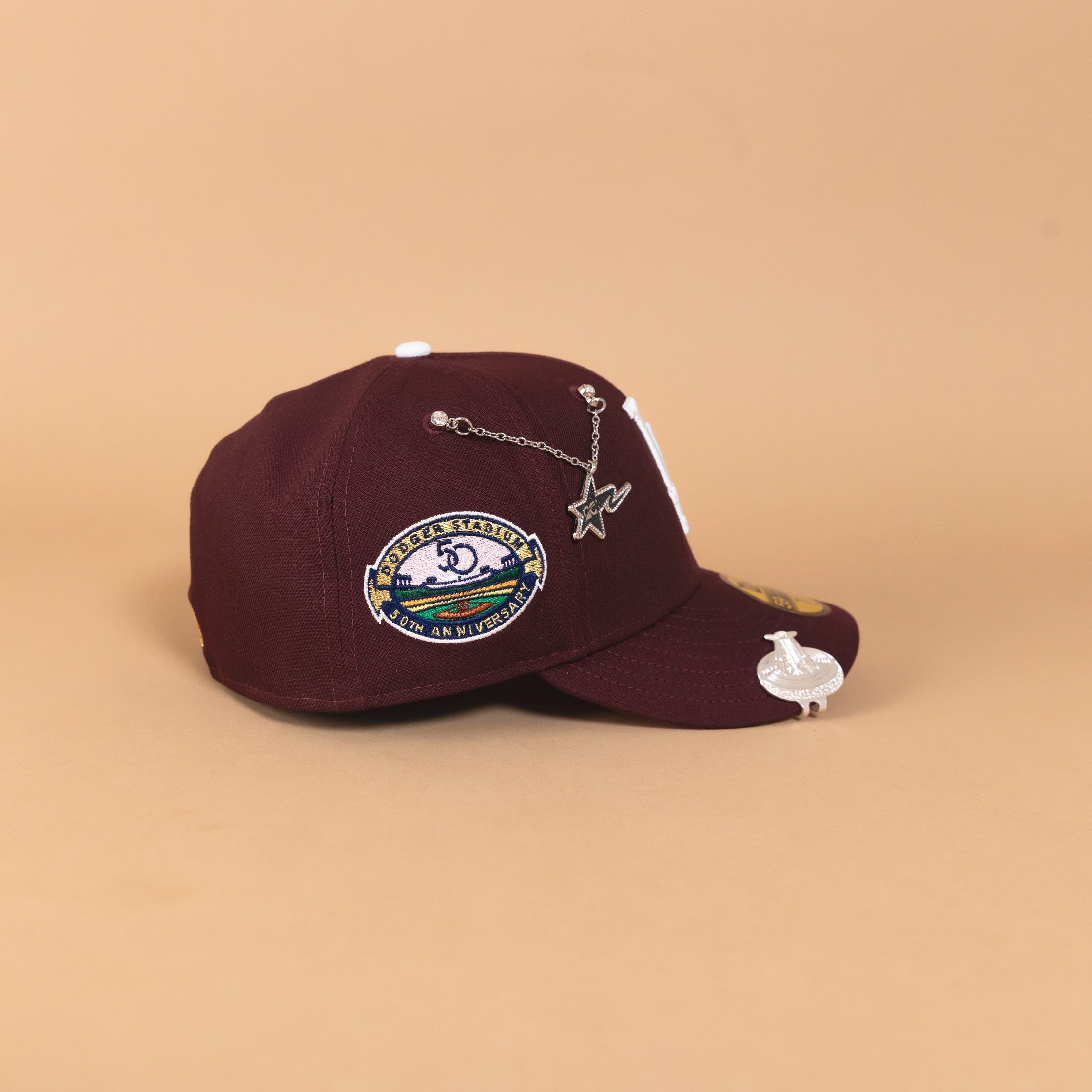 NEW ERA EXCLUSIVE 59FIFTY MAROON LOS ANGELES DODGERS W/ PINK HEART + 50TH ANNIVERSARY SIDE PATCH