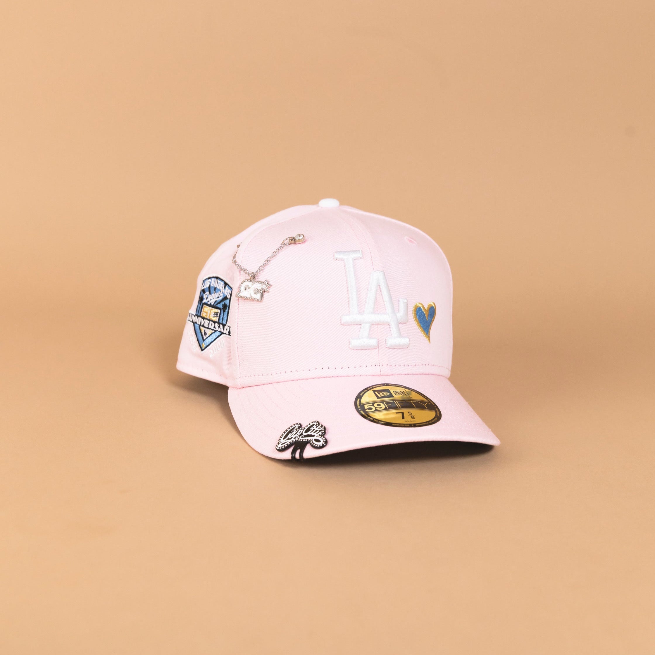 NEW ERA EXCLUSIVE 59FIFTY PINK LOS ANGELES DODGERS W/ ICY HEART + 50TH ANNIVERSARY SIDE PATCH