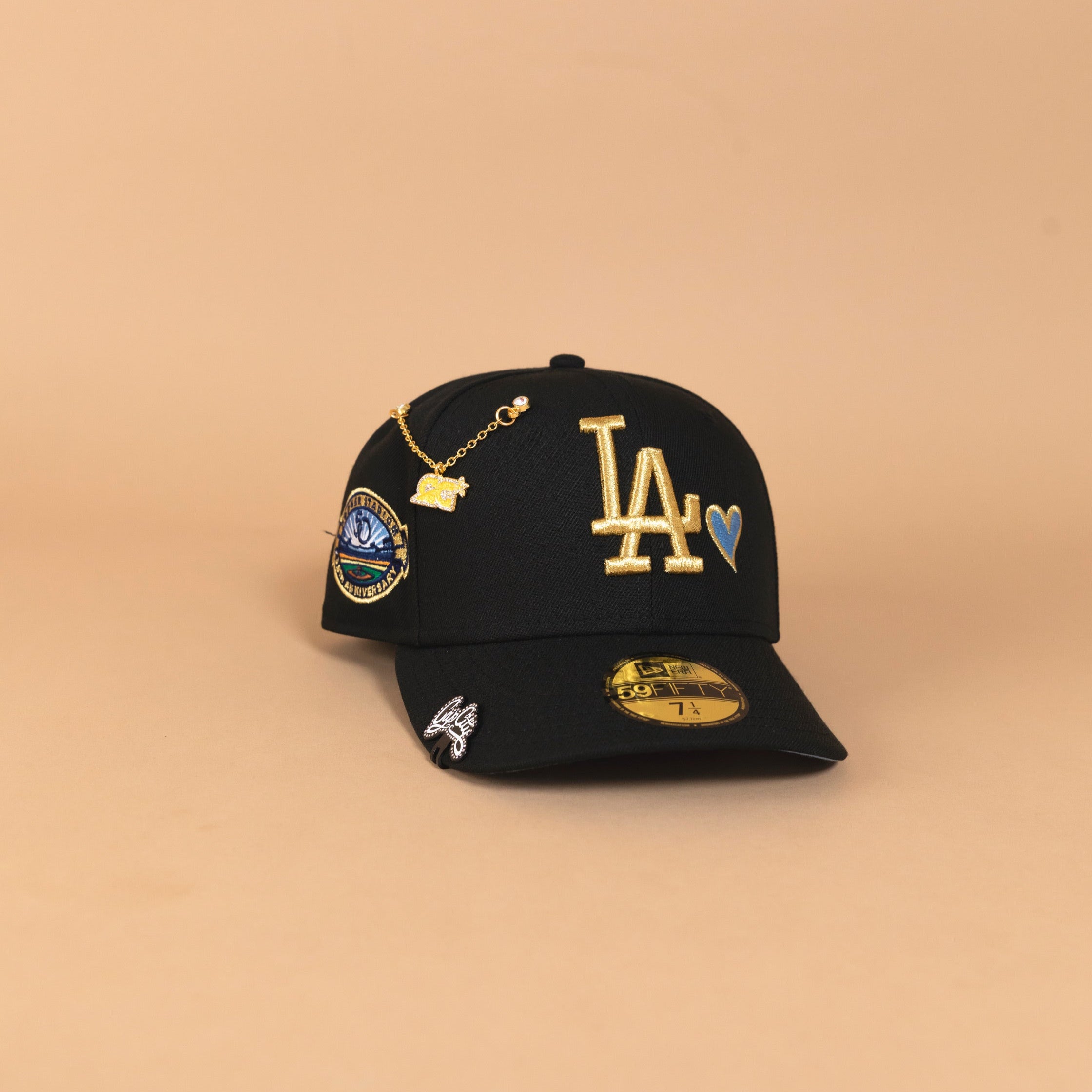 NEW ERA EXCLUSIVE 59FIFTY BLACK LOS ANGELES DODGERS W/ ICY HEART + 50TH ANNIVERSARY SIDE PATCH