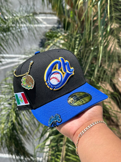 NEW ERA EXCLUSIVE 59FIFTY BLACK/BLUE CHARROS DE JALISCO W/ MEXICO FLAG SIDE PATCH (GREY UV)