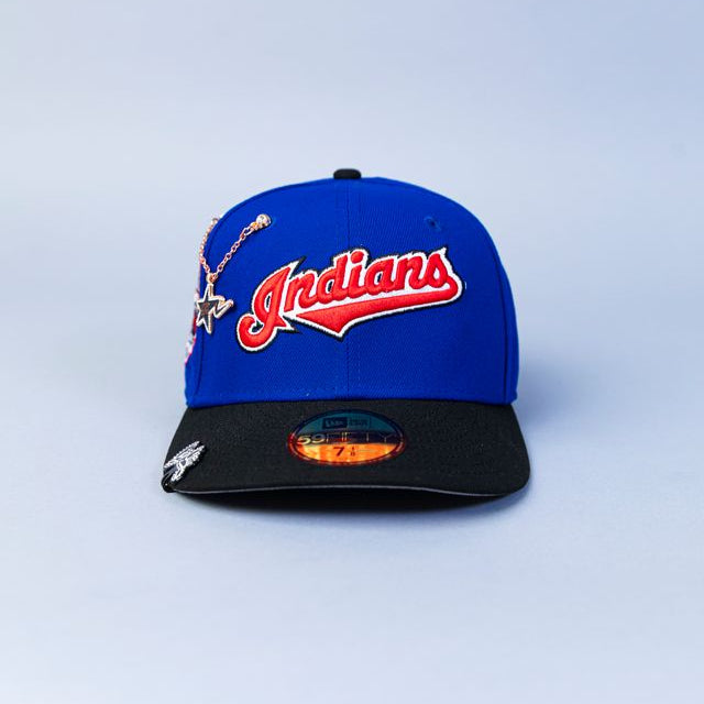 NEW ERA EXCLUSIVE 59FIFTY BLUE/ BLACK CLEVELAND INDIANS SCRIPT W/ "JACOBS FIELD" SIDE PATCH