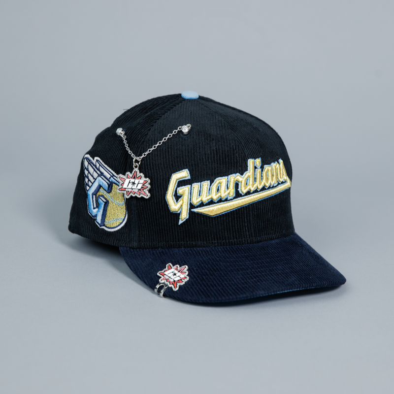 NEW ERA EXCLUSIVE 59FIFTY BLACK/ NAVY CORDUROY CLEVELAND GUARDIANS SCRIPT W/ GUARDIANS LOGO SIDE PATCH