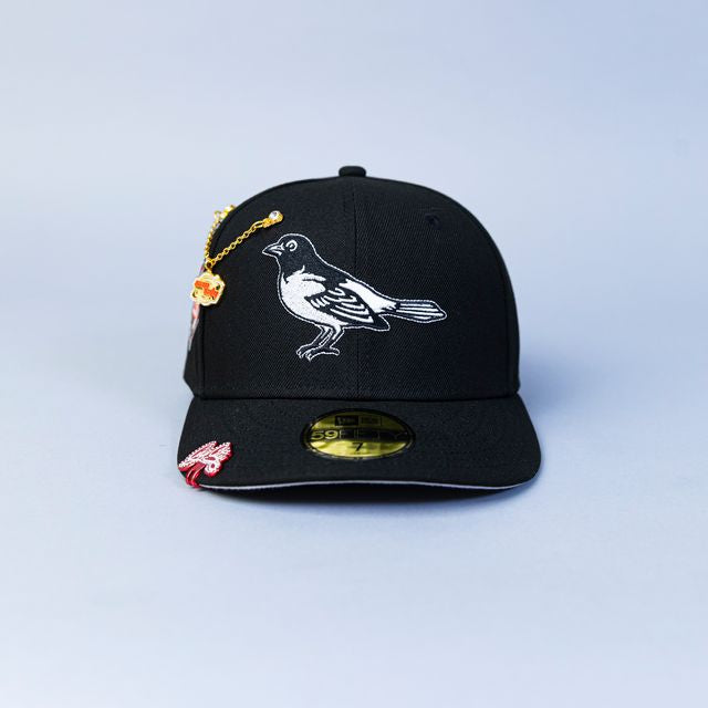 NEW ERA EXCLUSIVE 59FIFTY BLACK BALTIMORE ORIOLES W/ 25TH ANNIVERSARY SIDE PATCH