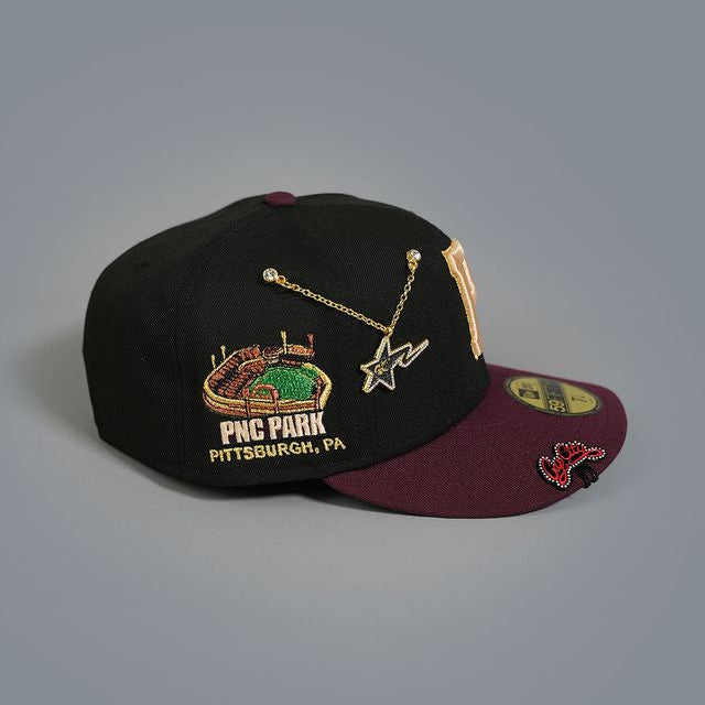 NEW ERA EXCLUSIVE 59FIFTY BLACK/ BURGUNDY PITTSBURGH PIRATES W// PNC PARK SIDE PATCH