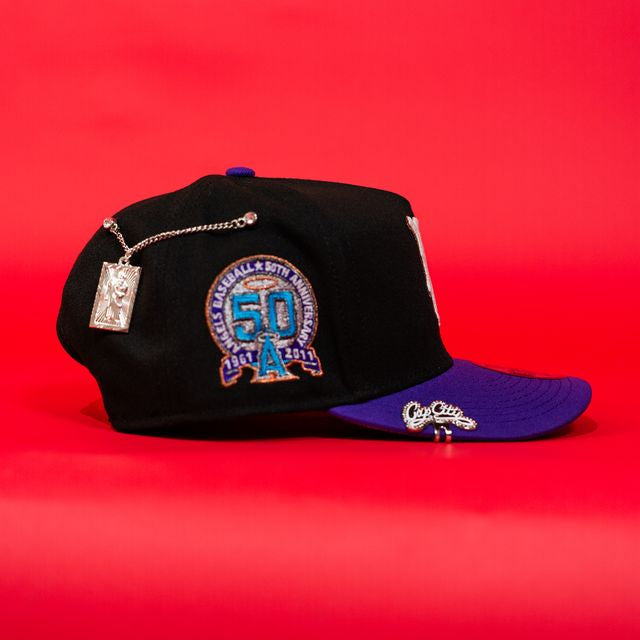NEW ERA 9FIFTY A-FRAME BLACK/ PURPLE LOS ANGELES ANGELS SNAPBACK W/ 50TH ANNIVERSARY SIDE PATCH