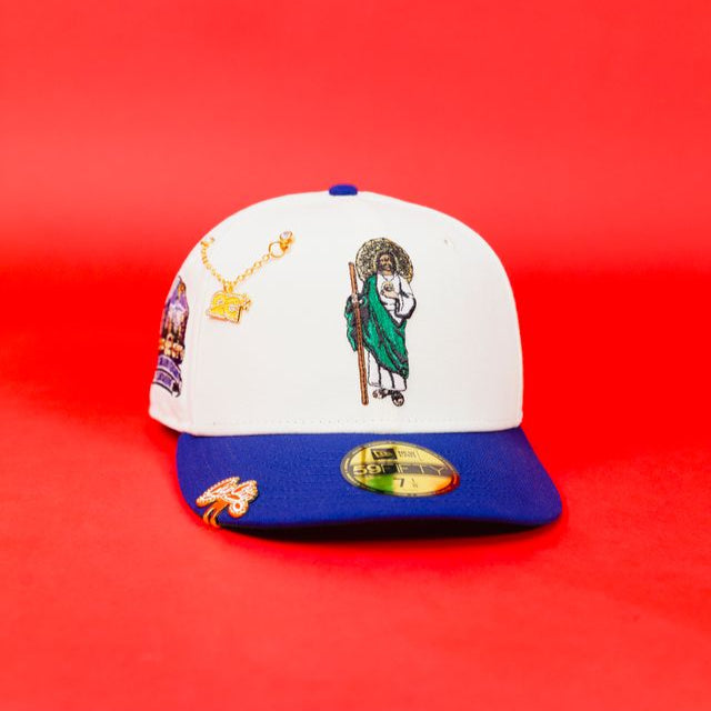 NEW ERA EXCLUSIVE 59FIFTY CHROME/ BLUE SAN JUDAS W/ "CAP CITY 15TH ANNIVERSARY" SIDE PATCH